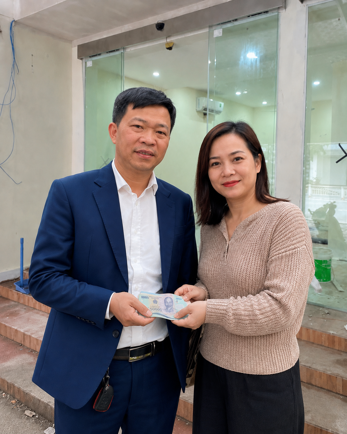 Hai người cầm tờ tiền Việt Nam mệnh giá 500000 đồng trước cửa kính văn phòng